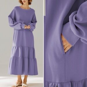 NAP Loungewear Cotton Maxi Dress Crew Neck Tiered Puff Sleeve Oversized Casual